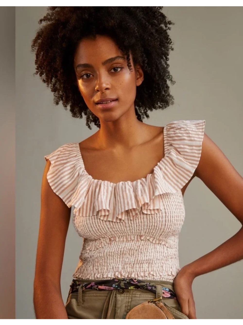 Anthropologie Pink & White Striped Ruffle Smocked Tank Top